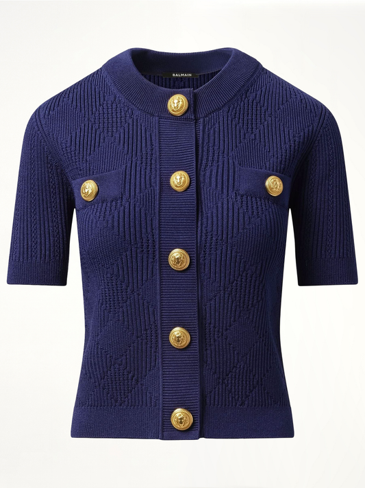 Buttoned 2 Pockets Vichy Knit Cardigan in Midnight Blue