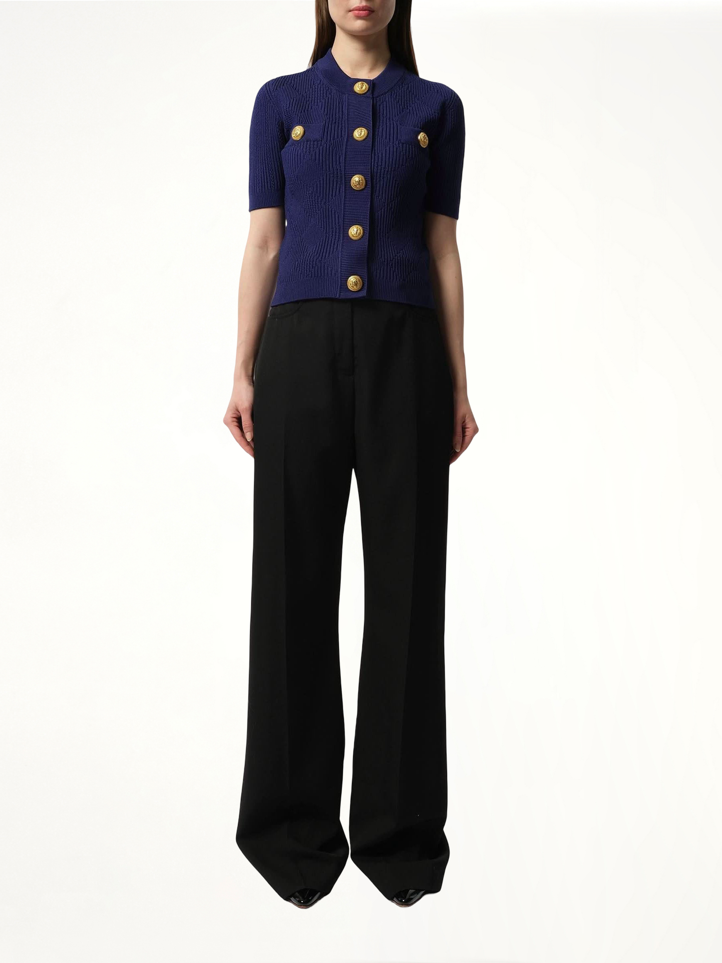 Buttoned 2 Pockets Vichy Knit Cardigan in Midnight Blue