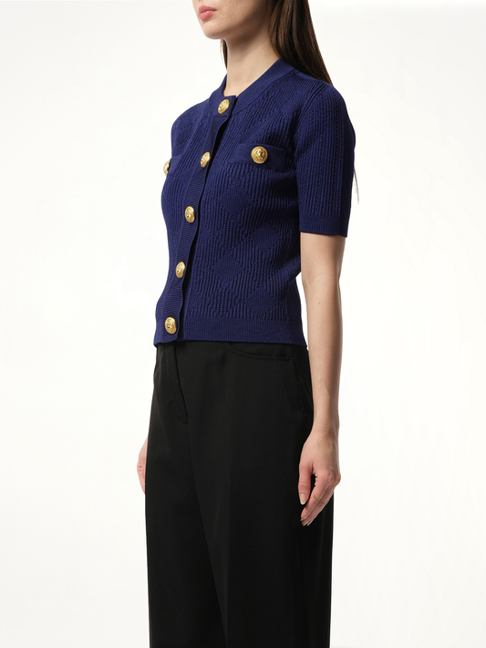 Buttoned 2 Pockets Vichy Knit Cardigan in Midnight Blue