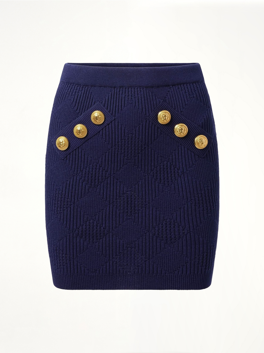 6 Button Vichy Knit Short Skirt in Midnight Blue
