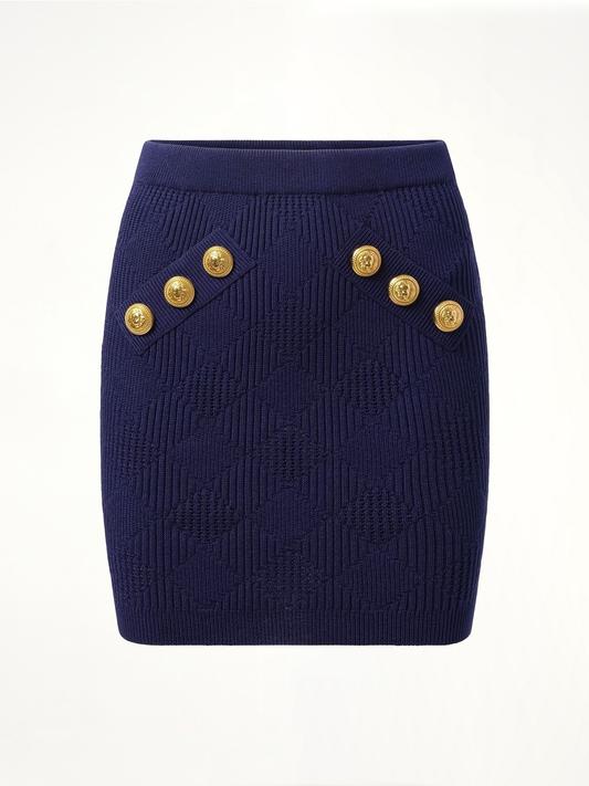 6 Button Vichy Knit Short Skirt in Midnight Blue