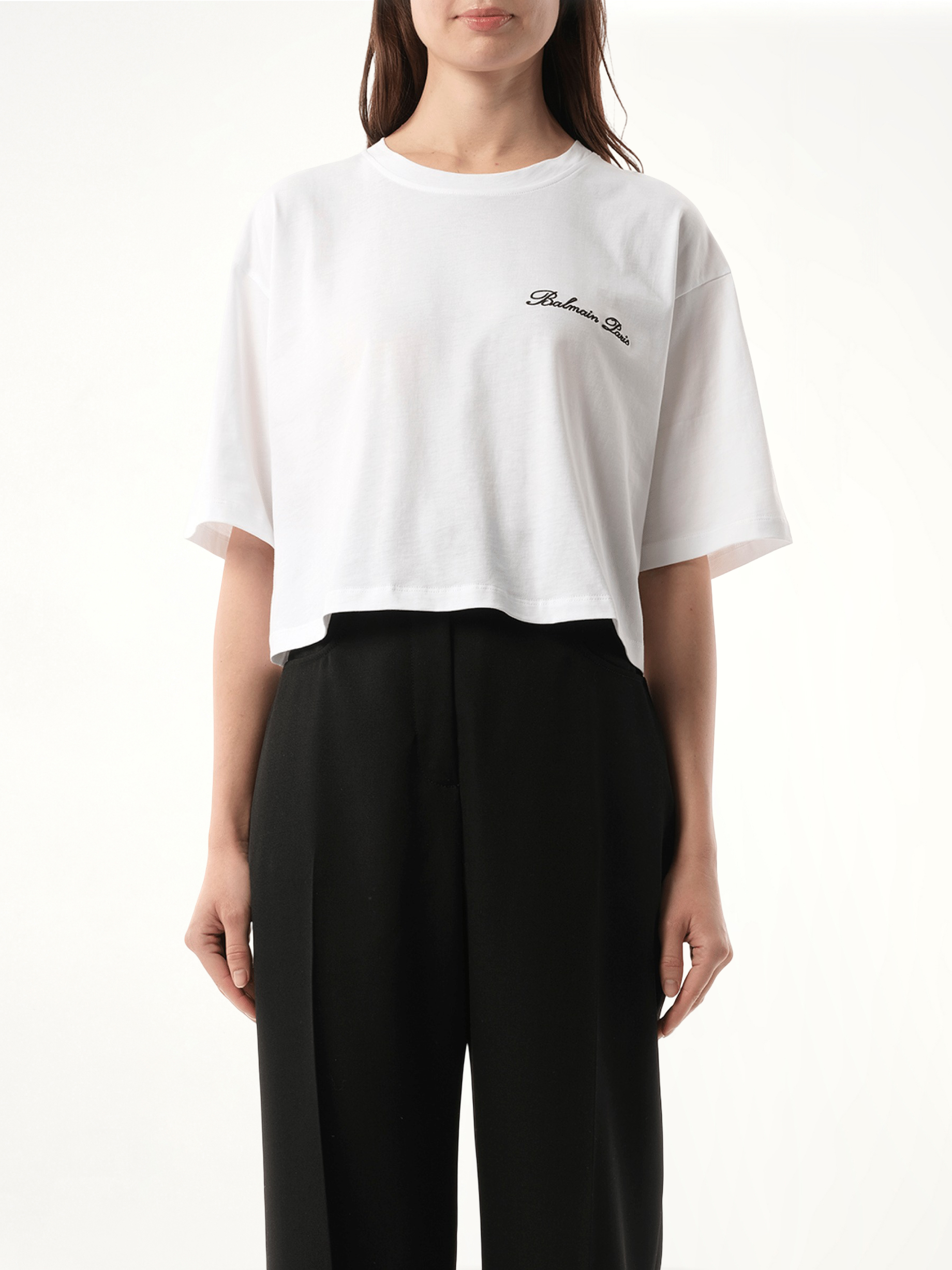 Balmain Signatured Embroidered Crop Top in White/Black