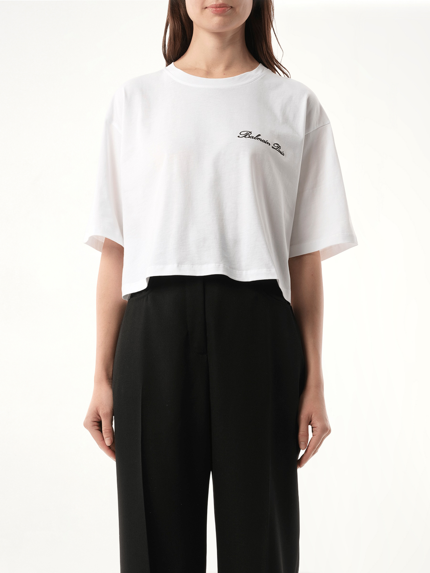 Balmain Signatured Embroidered Crop Top in White/Black