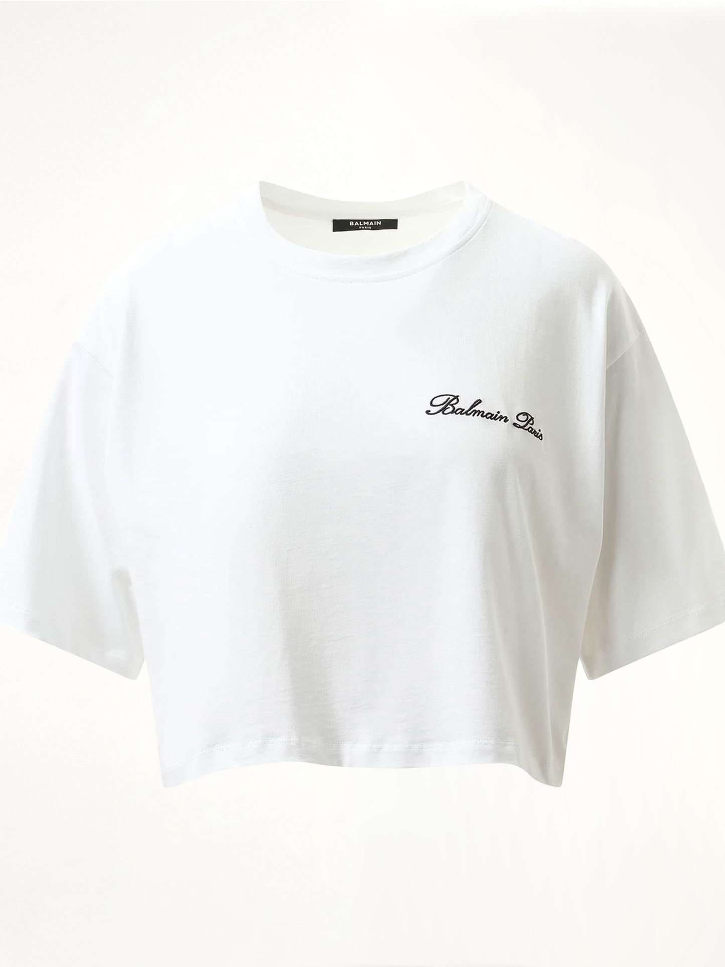 Balmain Signatured Embroidered Crop Top in White/Black