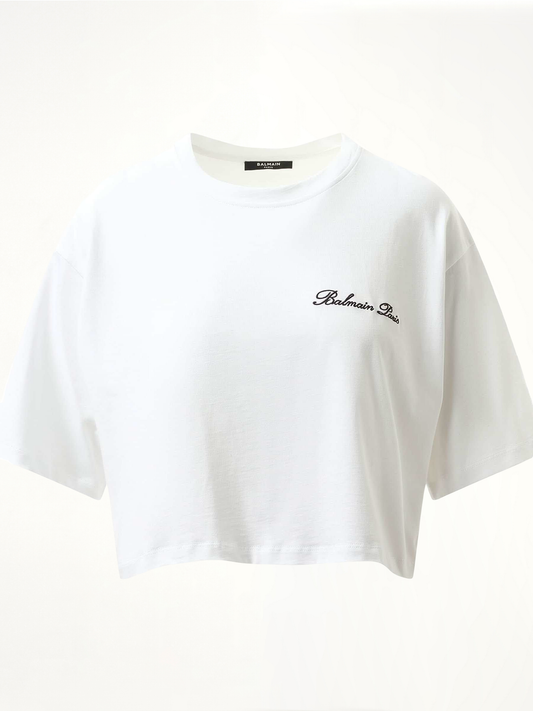 Balmain Signatured Embroidered Crop Top in White/Black