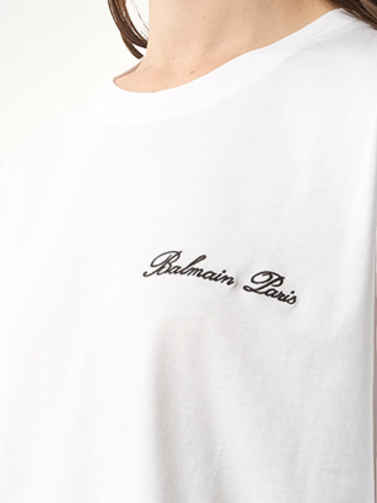 Balmain Signatured Embroidered Crop Top in White/Black