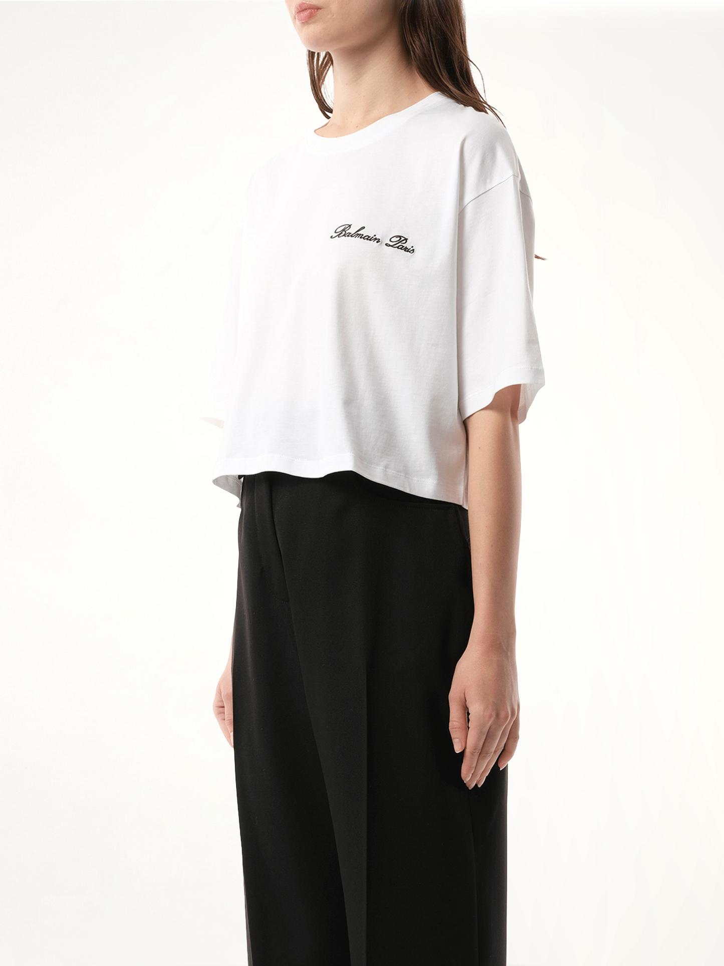 Balmain Signatured Embroidered Crop Top in White/Black