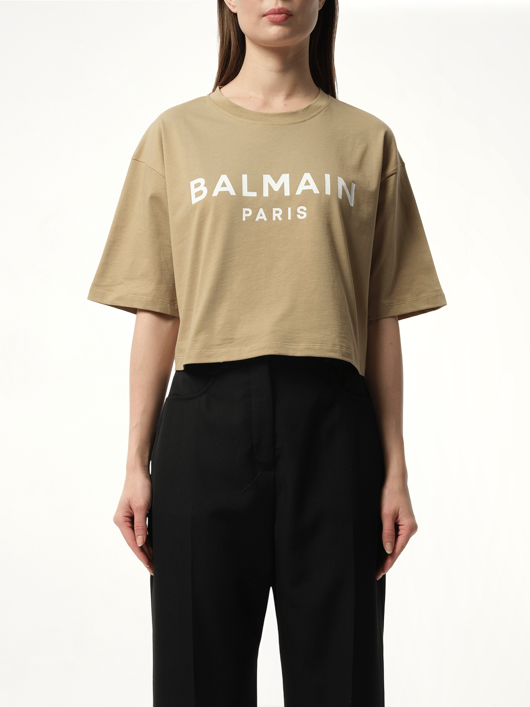 Balmain Printed Cropped T-Shirt in Beige/White
