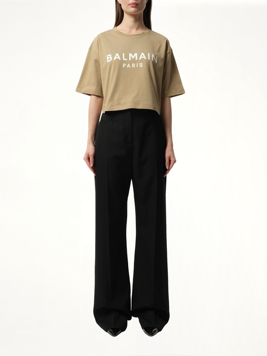 Balmain Printed Cropped T-Shirt in Beige/White