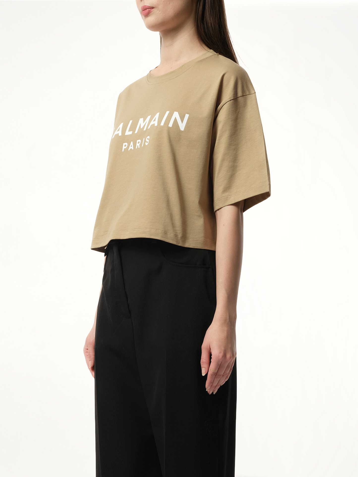 Balmain Printed Cropped T-Shirt in Beige/White