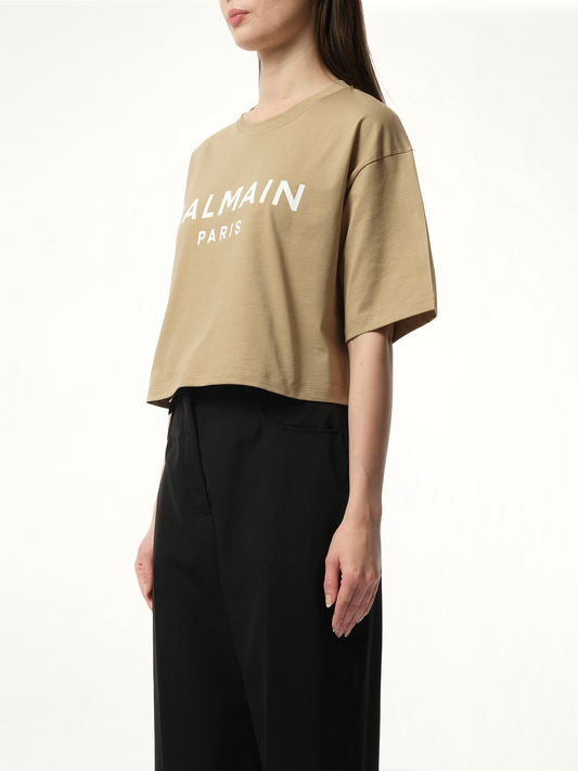 Balmain Printed Cropped T-Shirt in Beige/White