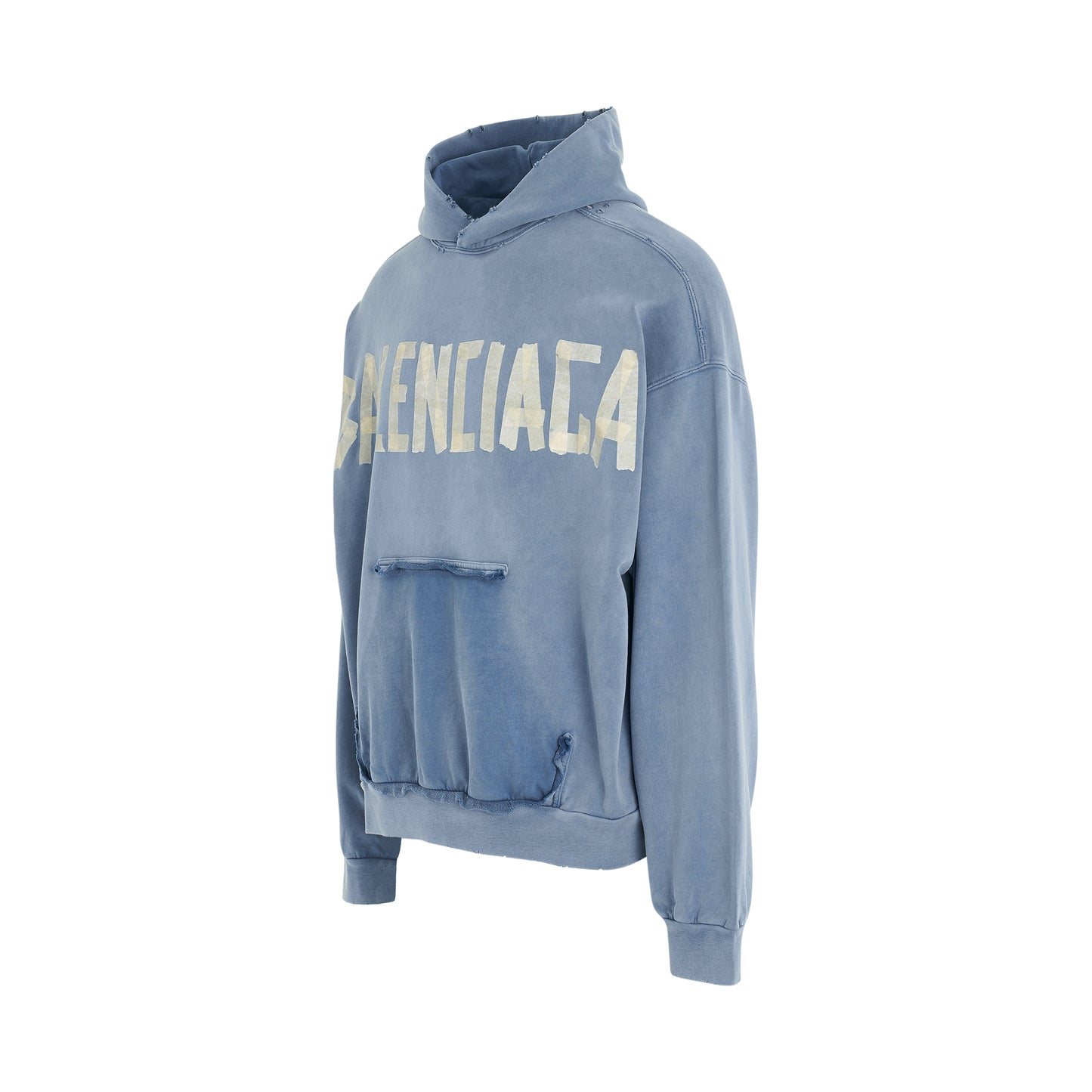 Tape Logo Ripped Pocket Hoodie in Faded Blue