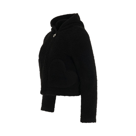 Fake Fur Heart Zip Up Hoodie in Black