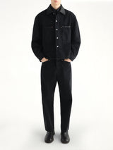 Workwear Overshirt With Leather Collar in Black
