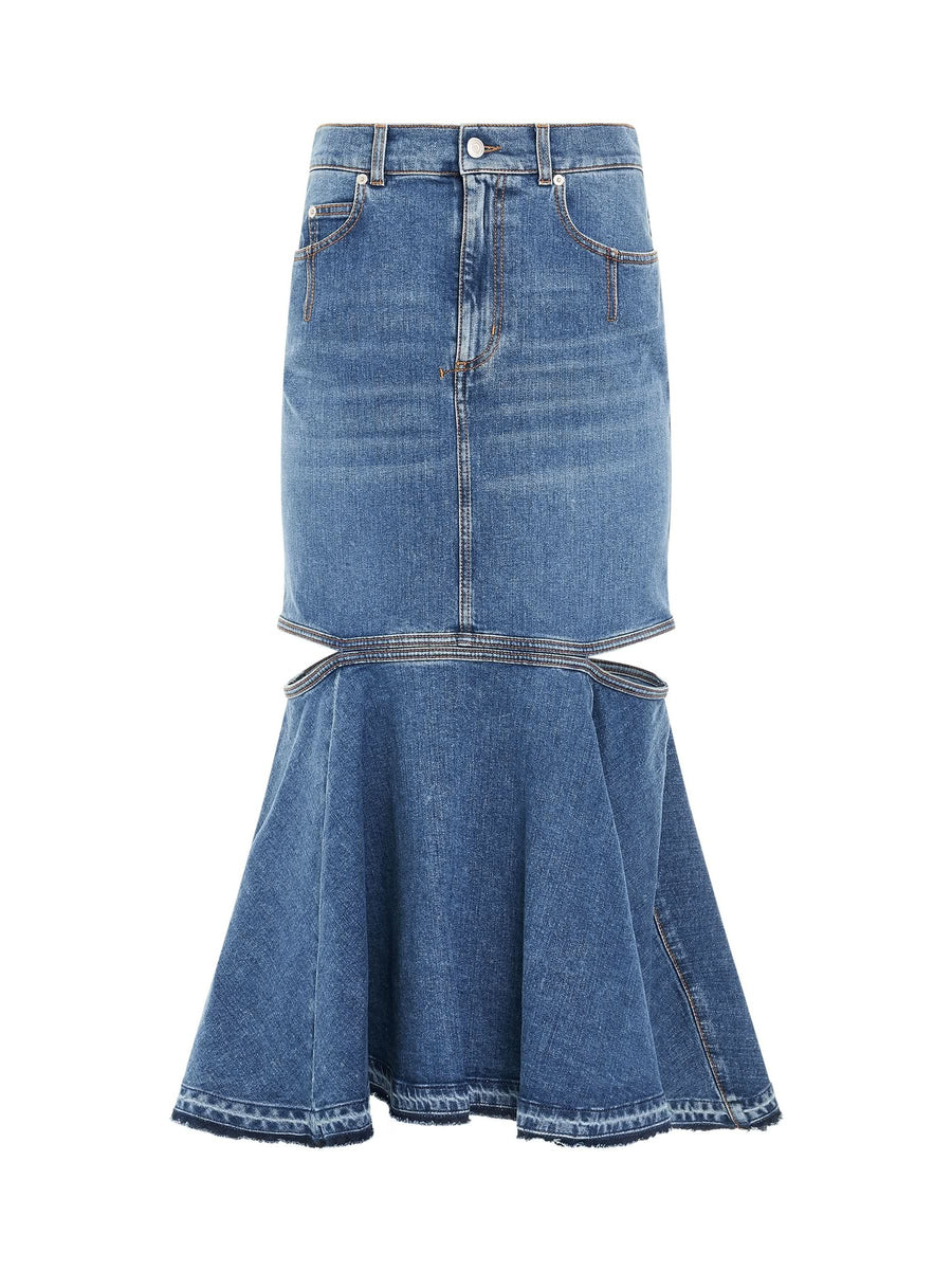 Slashed Midi Denim Skirt in Blue Wash