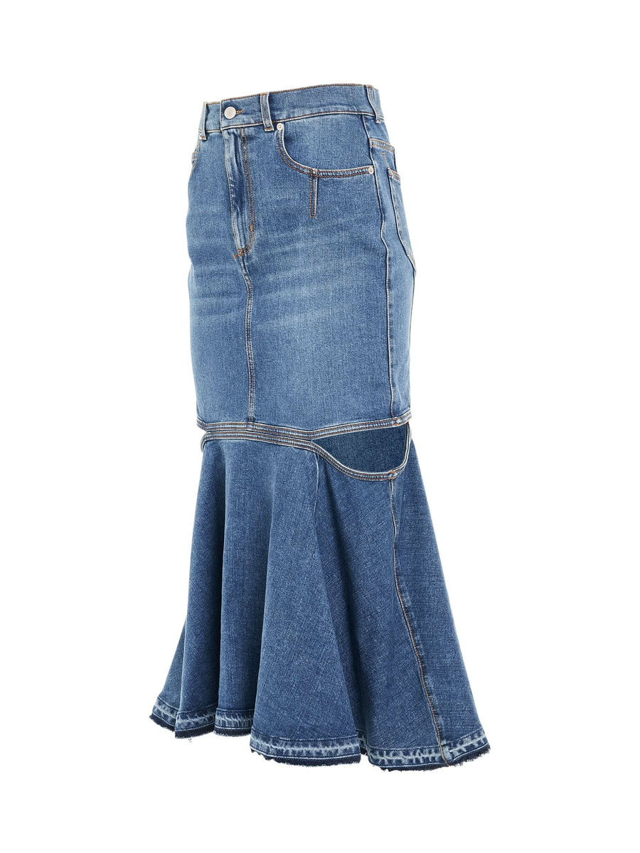 Slashed Midi Denim Skirt in Blue Wash