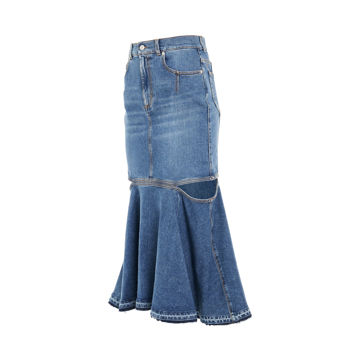 Slashed Midi Denim Skirt in Blue Wash