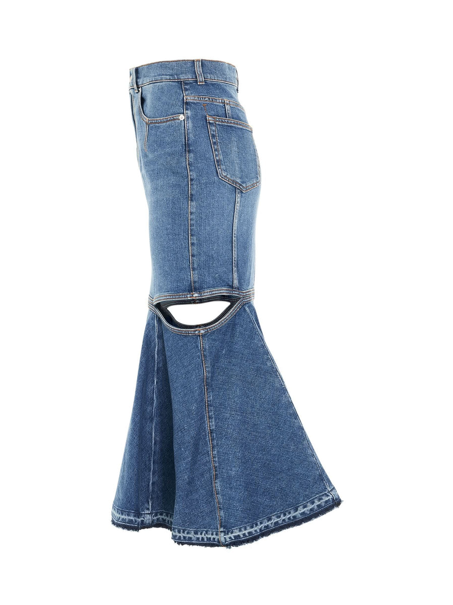 Slashed Midi Denim Skirt in Blue Wash