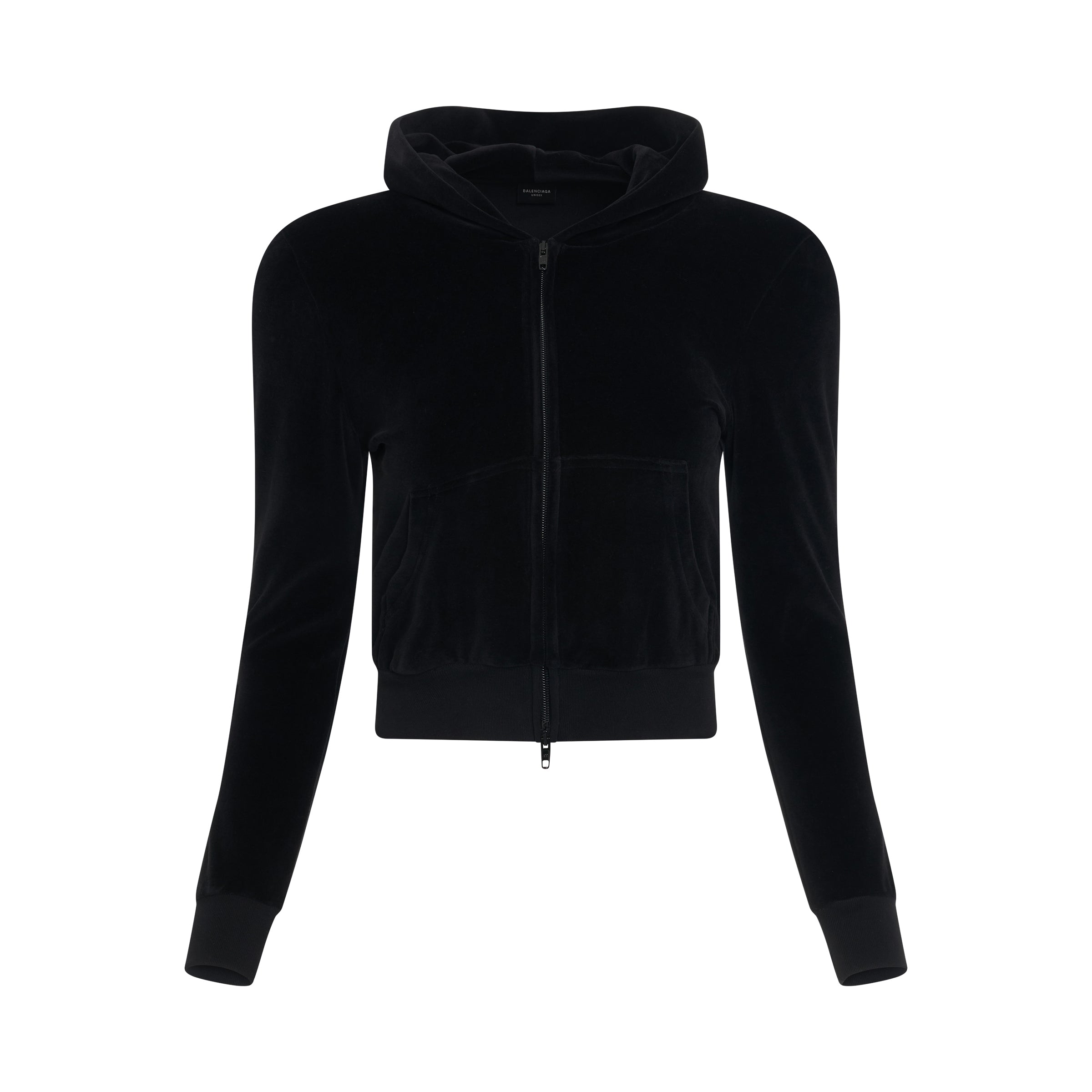 Shoulder Zip-Up Velvet Hoodie in Black