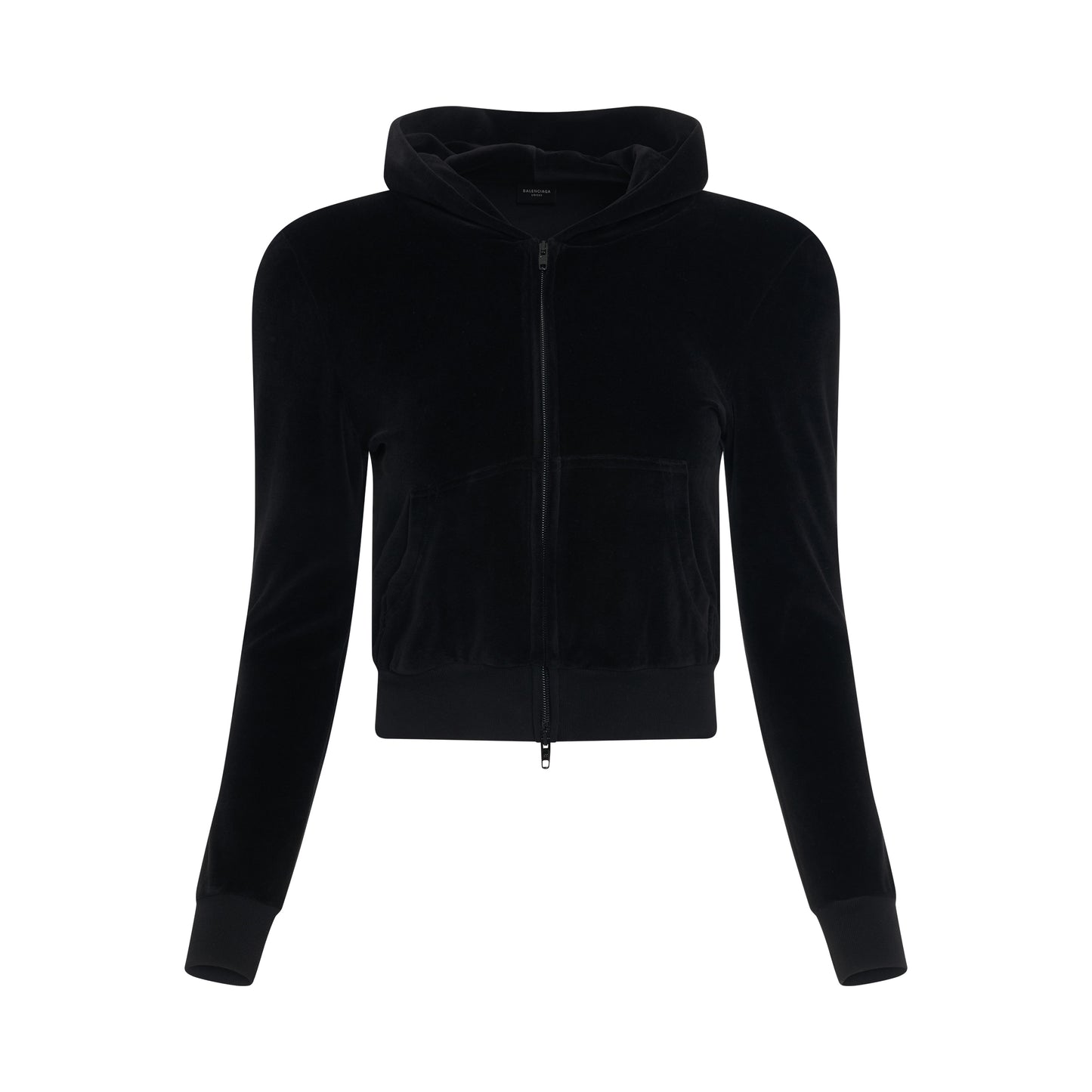 Shoulder Zip-Up Velvet Hoodie in Black