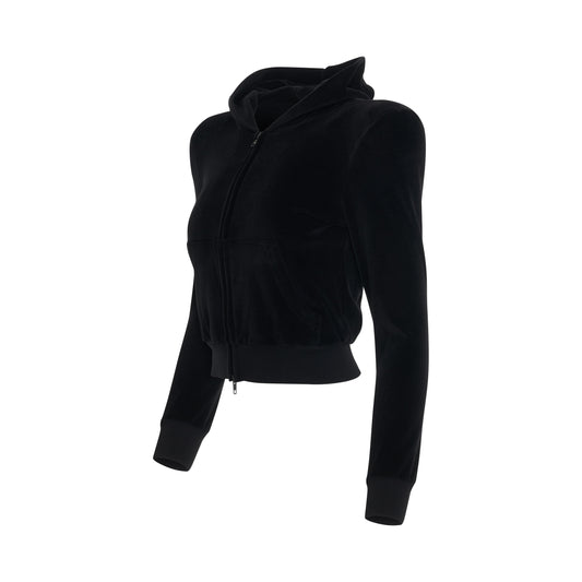 Shoulder Zip-Up Velvet Hoodie in Black