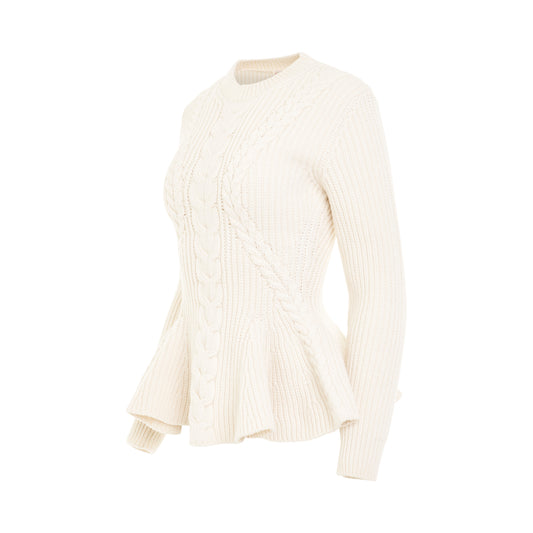 Cable Peplum Knit Sweater in Ivory