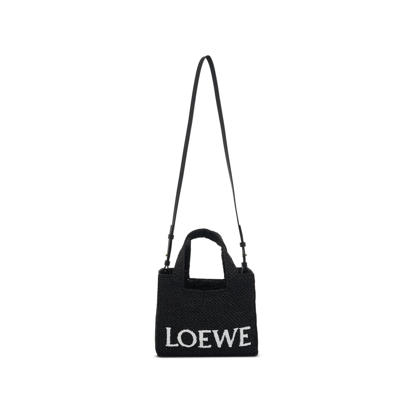 Small Logo Font Tote Bag in Raffia and Calfskin in Black