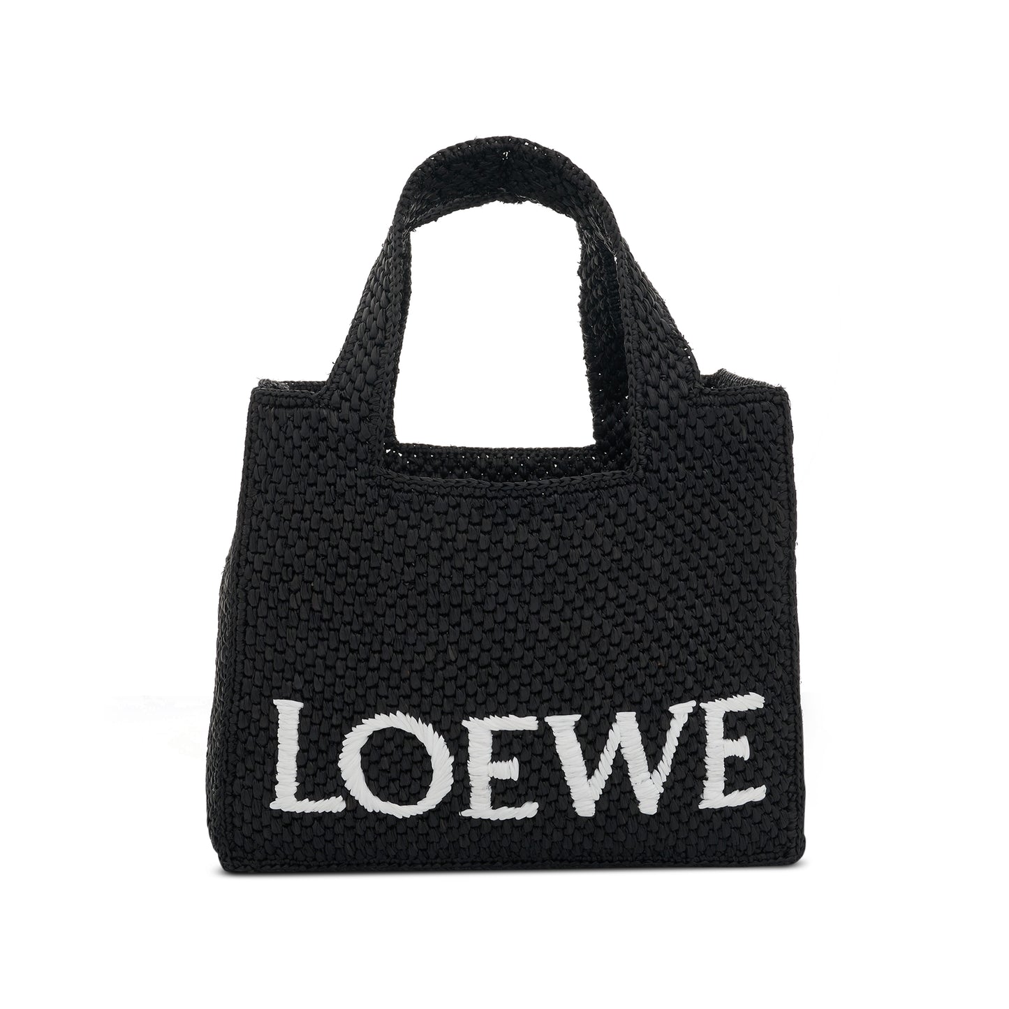 Small Logo Font Tote Bag in Raffia and Calfskin in Black