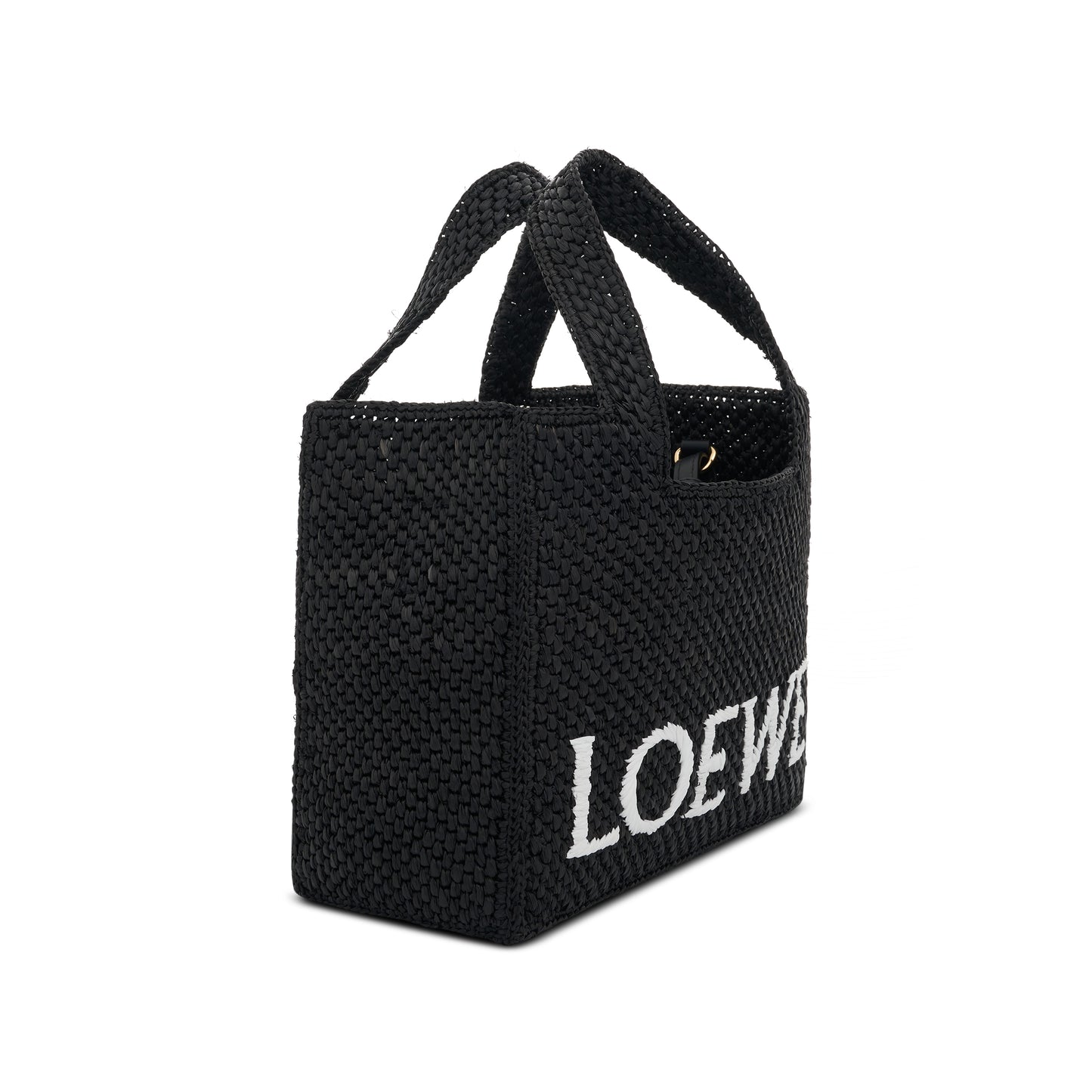 Small Logo Font Tote Bag in Raffia and Calfskin in Black