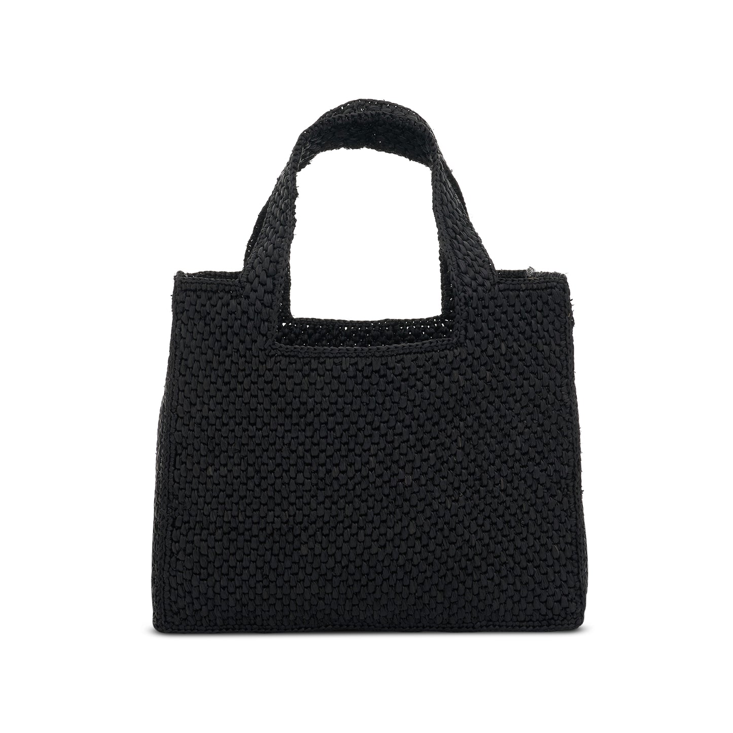 Small Logo Font Tote Bag in Raffia and Calfskin in Black