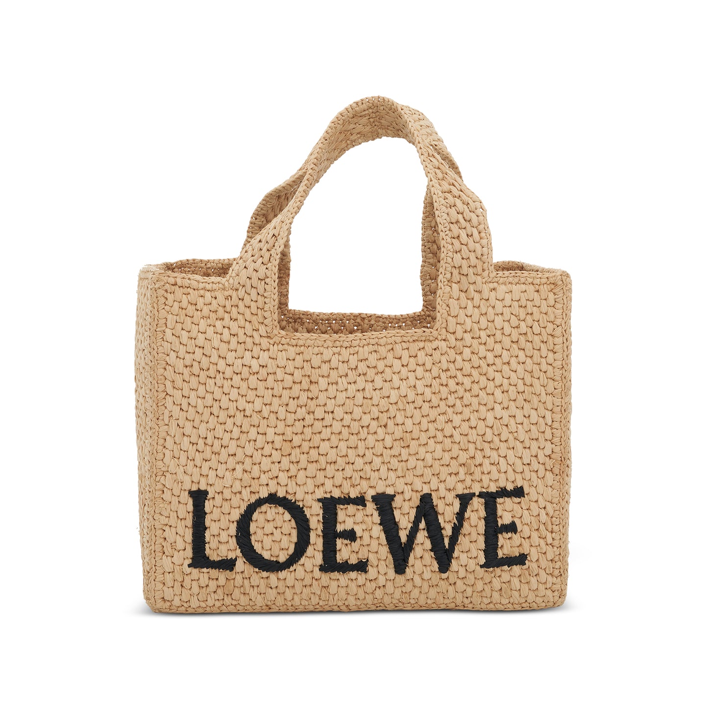 Small Logo Font Tote Bag in Raffia and Calfskin in Natural