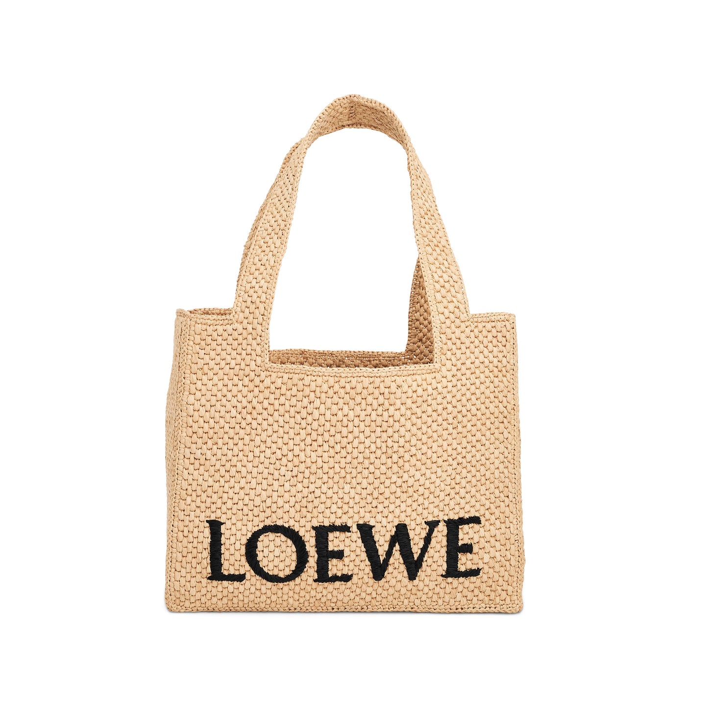 Medium Logo Font Tote Bag in Raffia and Calfskin in Natural