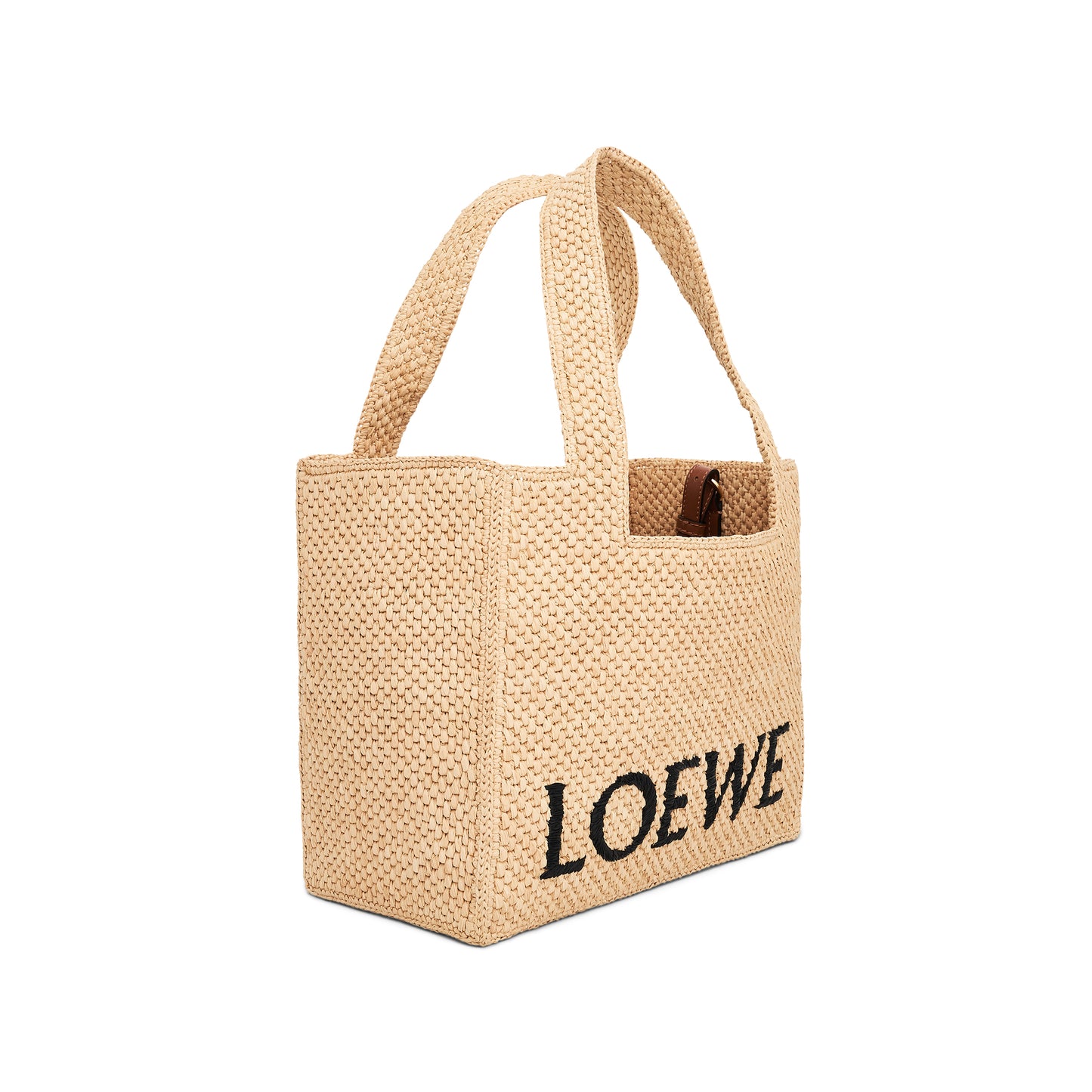 Medium Logo Font Tote Bag in Raffia and Calfskin in Natural