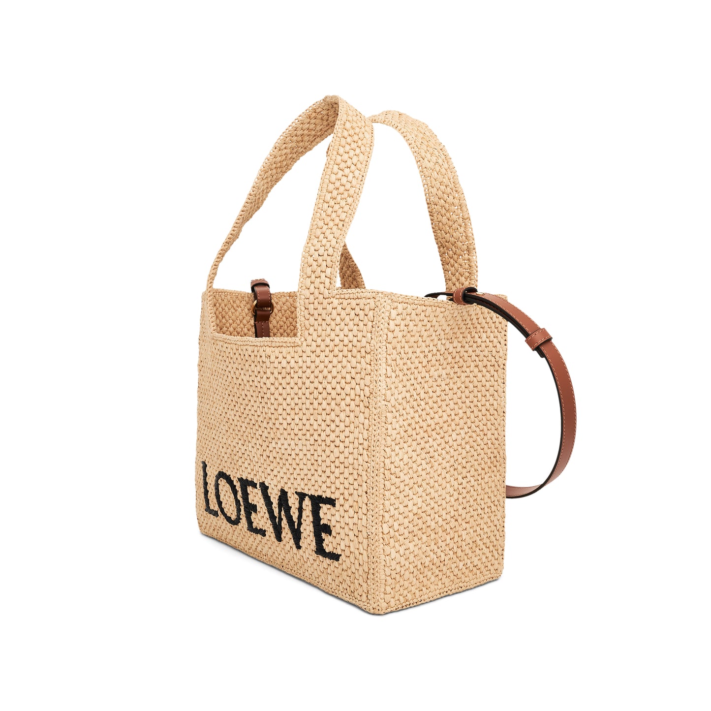 Medium Logo Font Tote Bag in Raffia and Calfskin in Natural