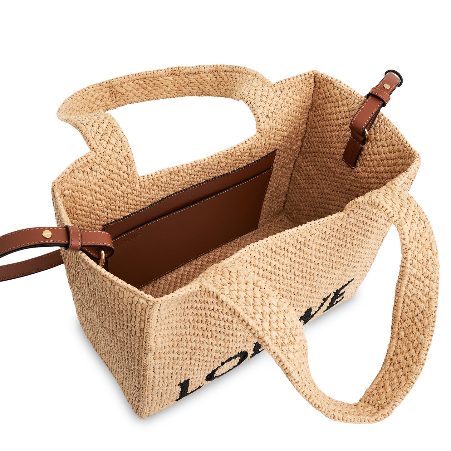 Medium Logo Font Tote Bag in Raffia and Calfskin in Natural