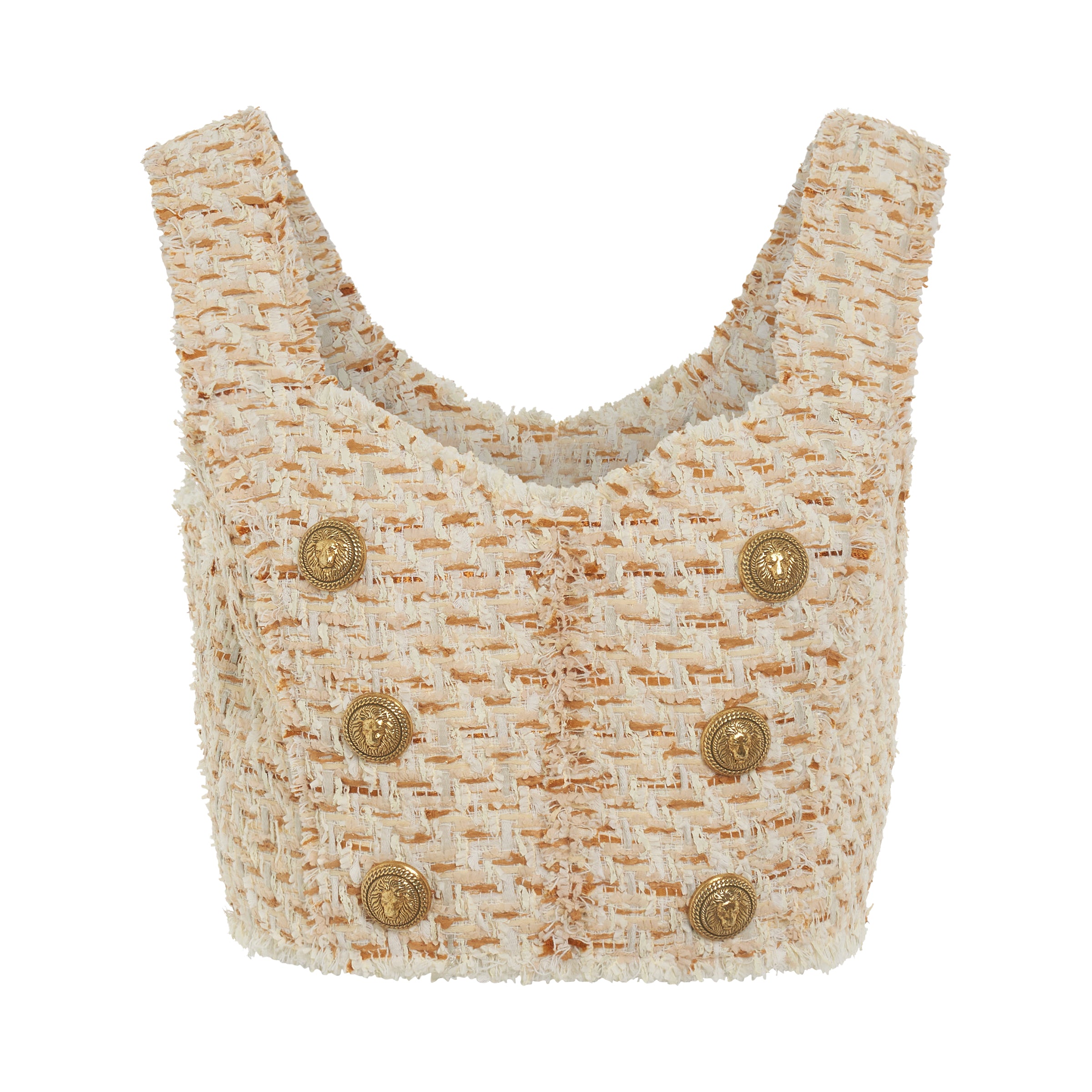 6 Button Tweed Cropped Top in Multi Beige