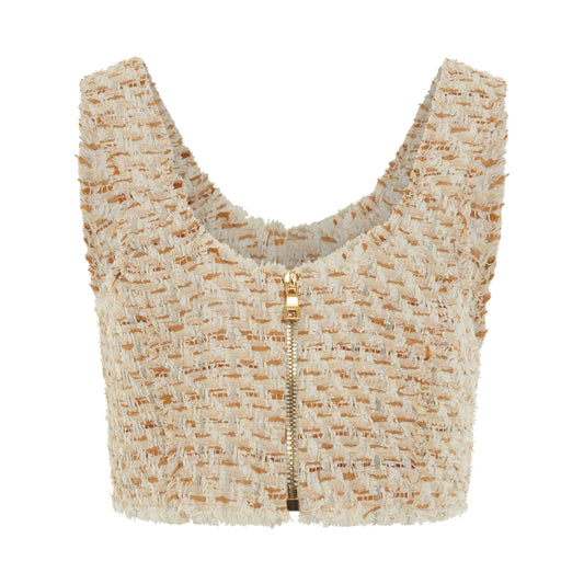 6 Button Tweed Cropped Top in Multi Beige