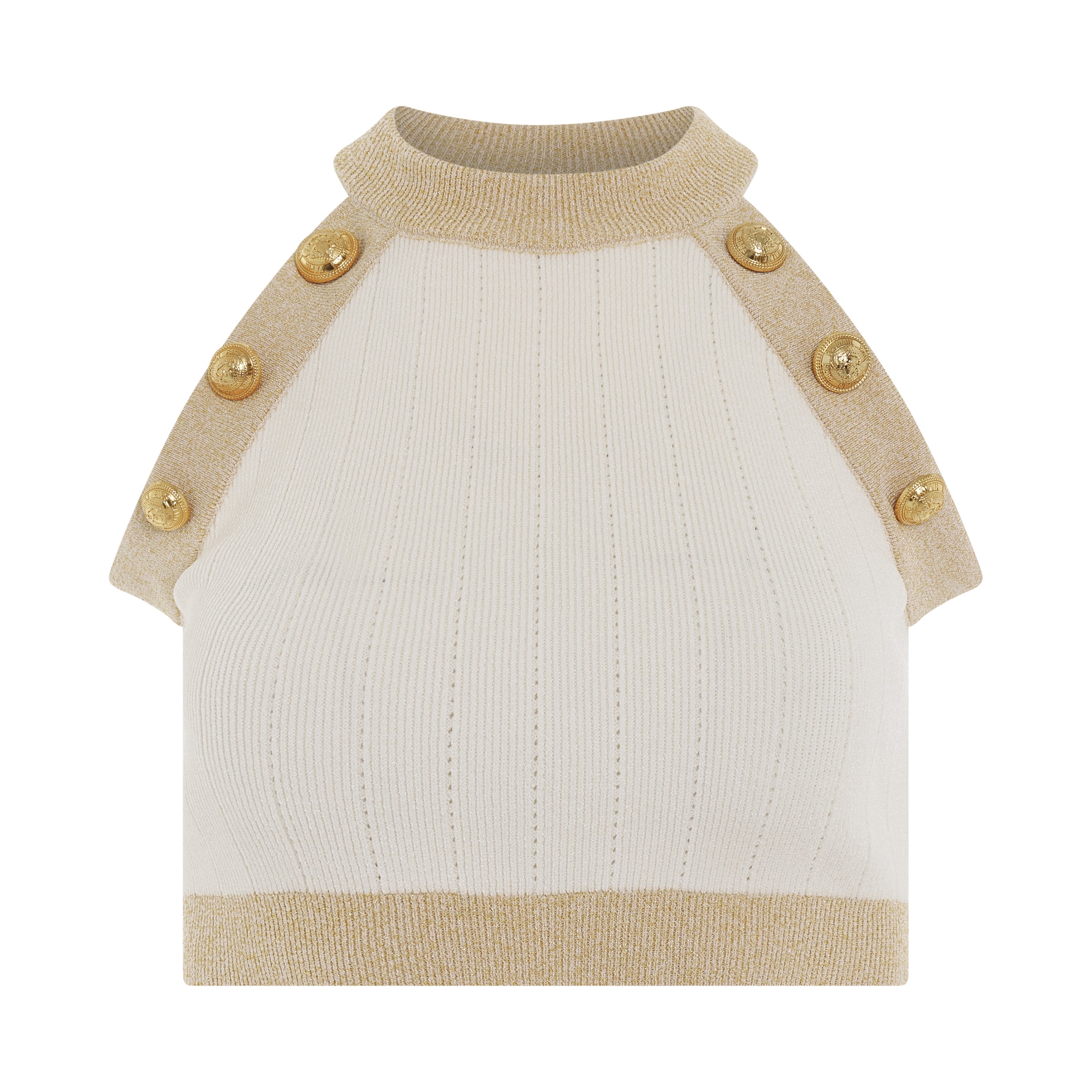 6 Button Golden Edge Knit Cropped Top in Natural/Gold