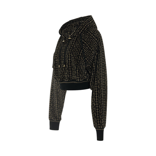 Monogram Velvet Jacquard Cropped Hoodie in Black/Gold