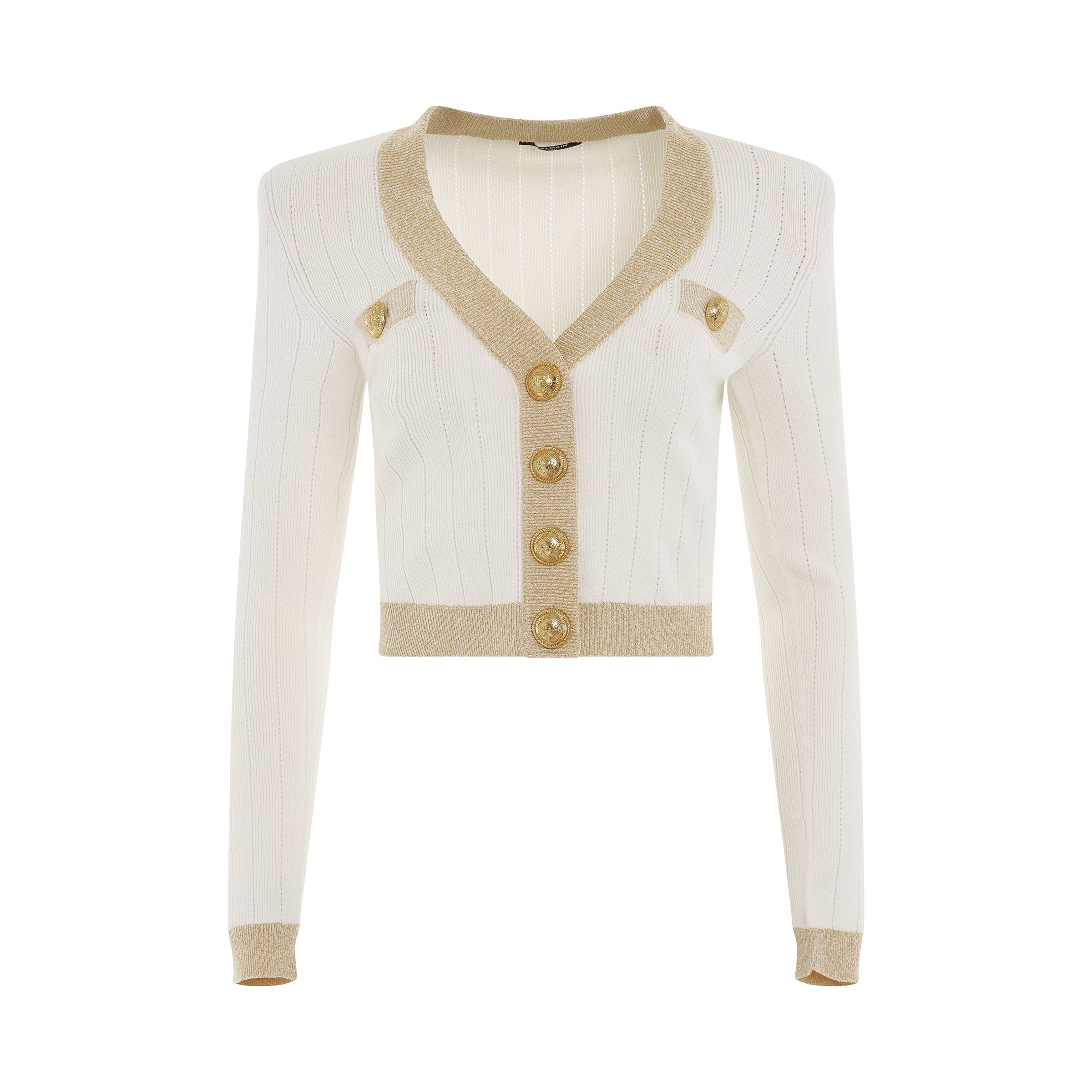 Gold Edge Buttoned Knit Cropped Cardigan in Natural/Gold