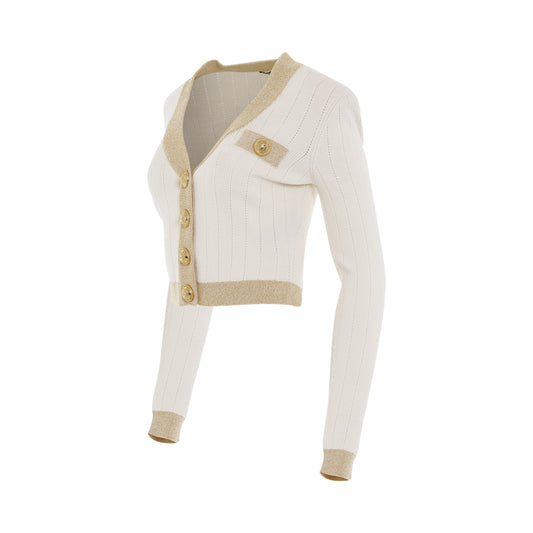 Gold Edge Buttoned Knit Cropped Cardigan in Natural/Gold