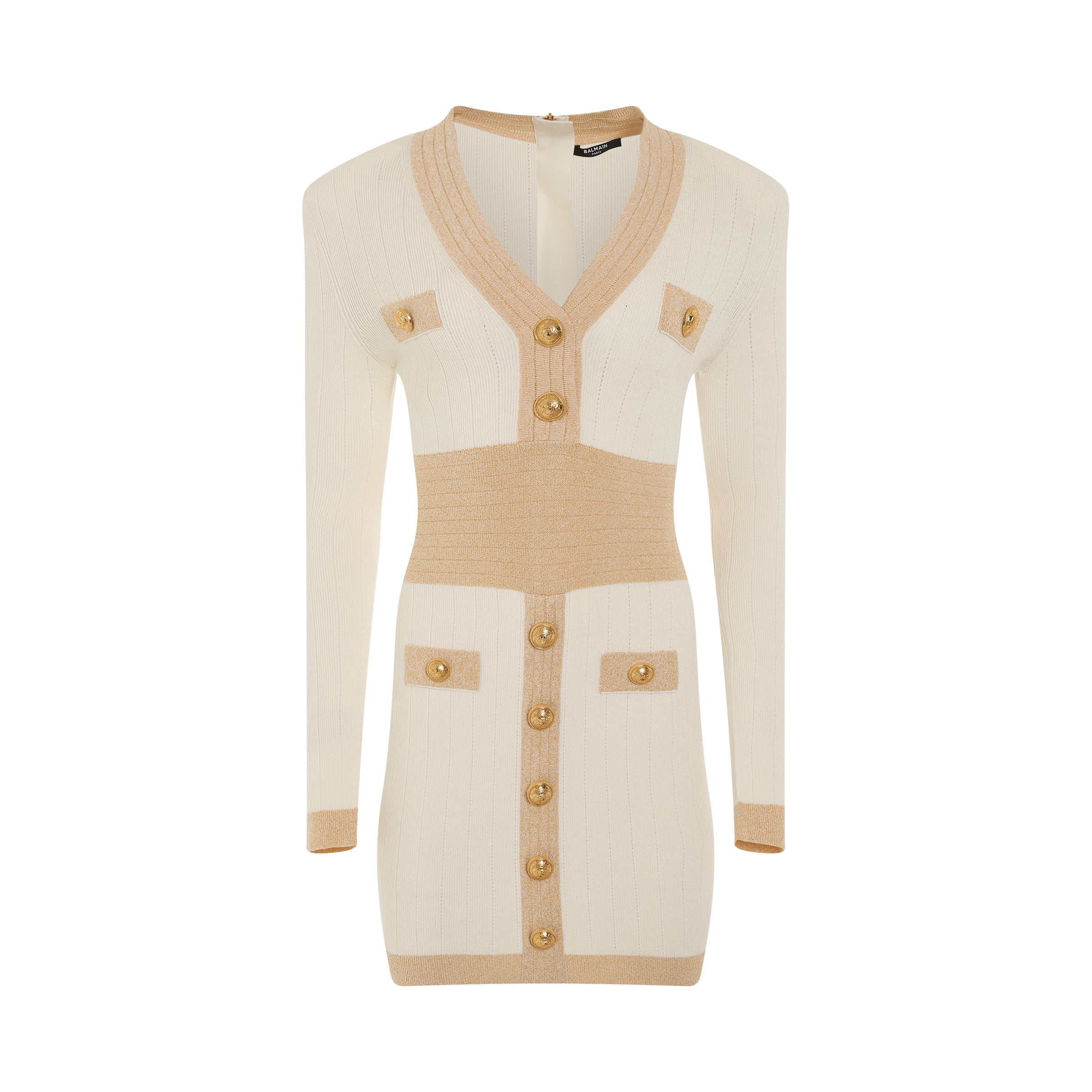 Long Sleeve V-Neck Golden Edge Knit Dress in Natural/Gold