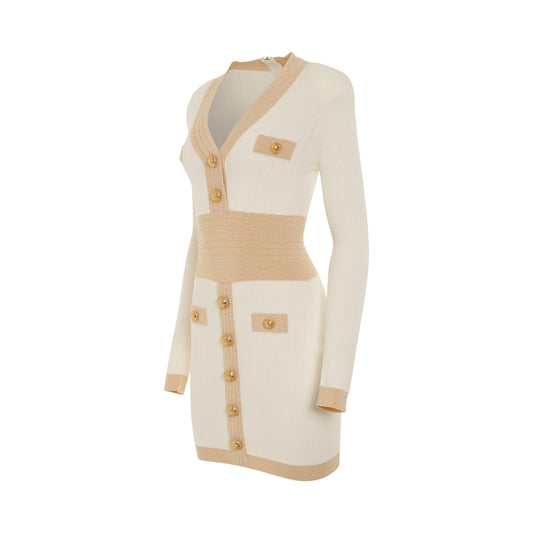 Long Sleeve V-Neck Golden Edge Knit Dress in Natural/Gold