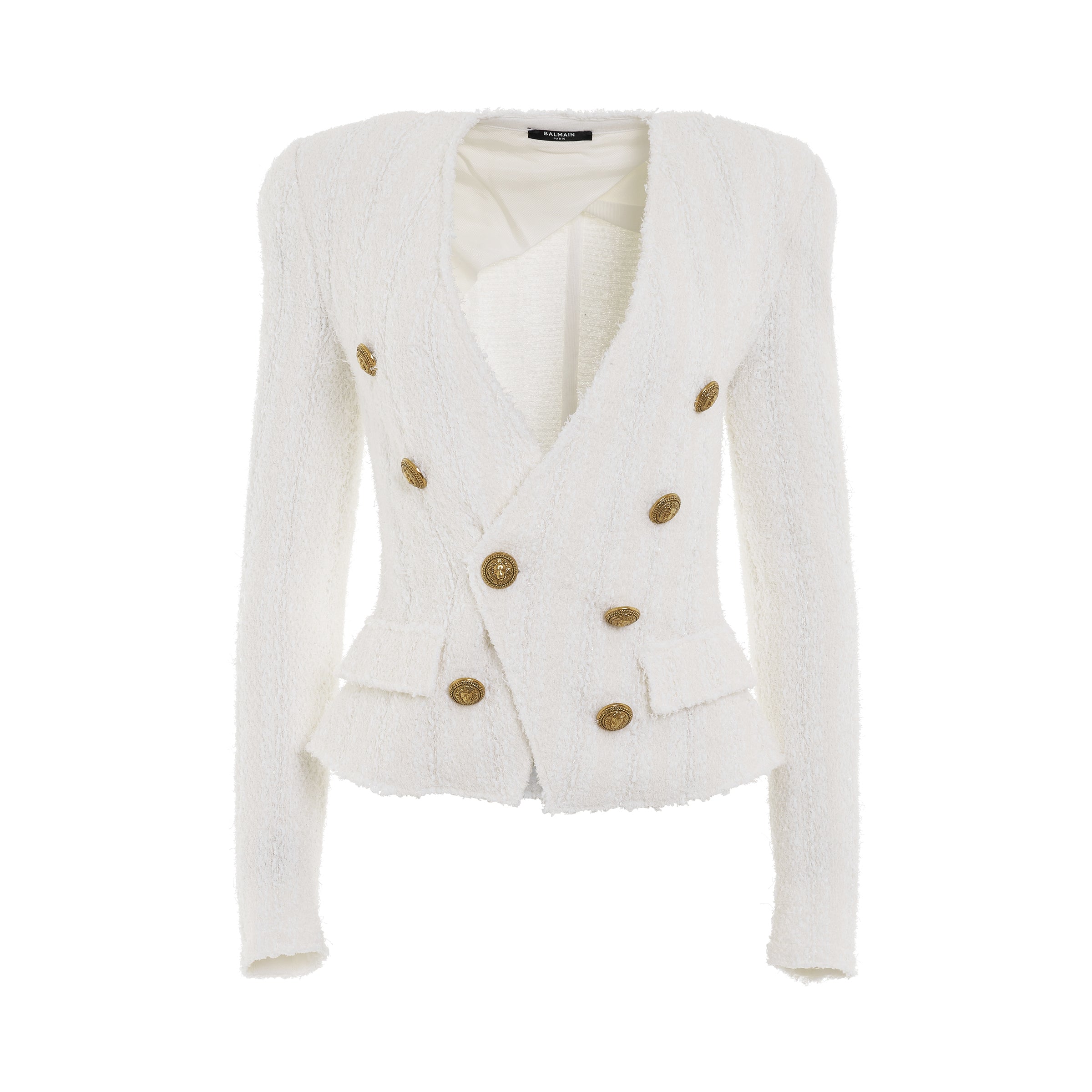 Collarless 6 Button Tweed Jacket in White