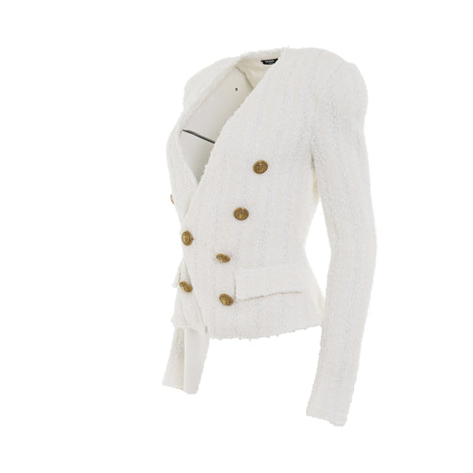 Collarless 6 Button Tweed Jacket in White