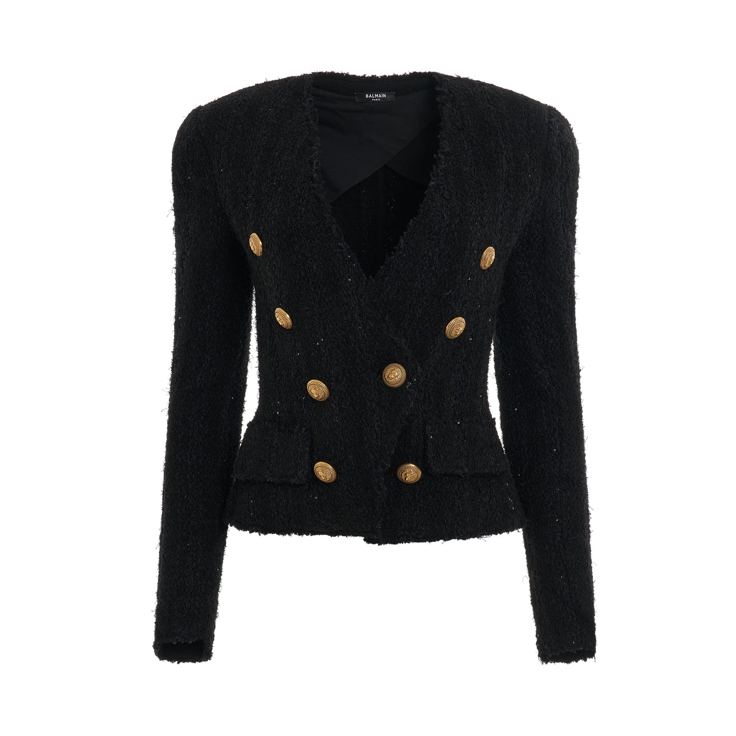 Collarless 6 Button Tweed Jacket in Black