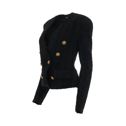 Collarless 6 Button Tweed Jacket in Black