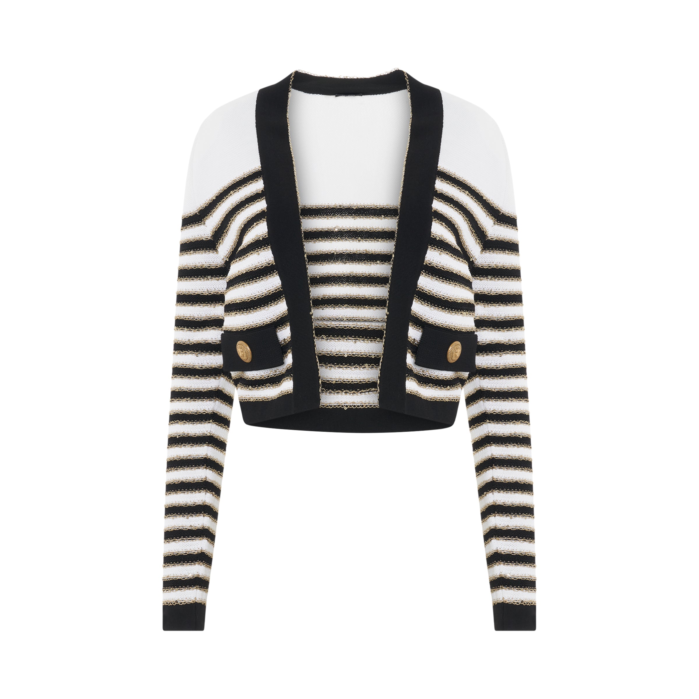 2 Pockets Side to Side Striped Knit Jacket in White/Black/Gold