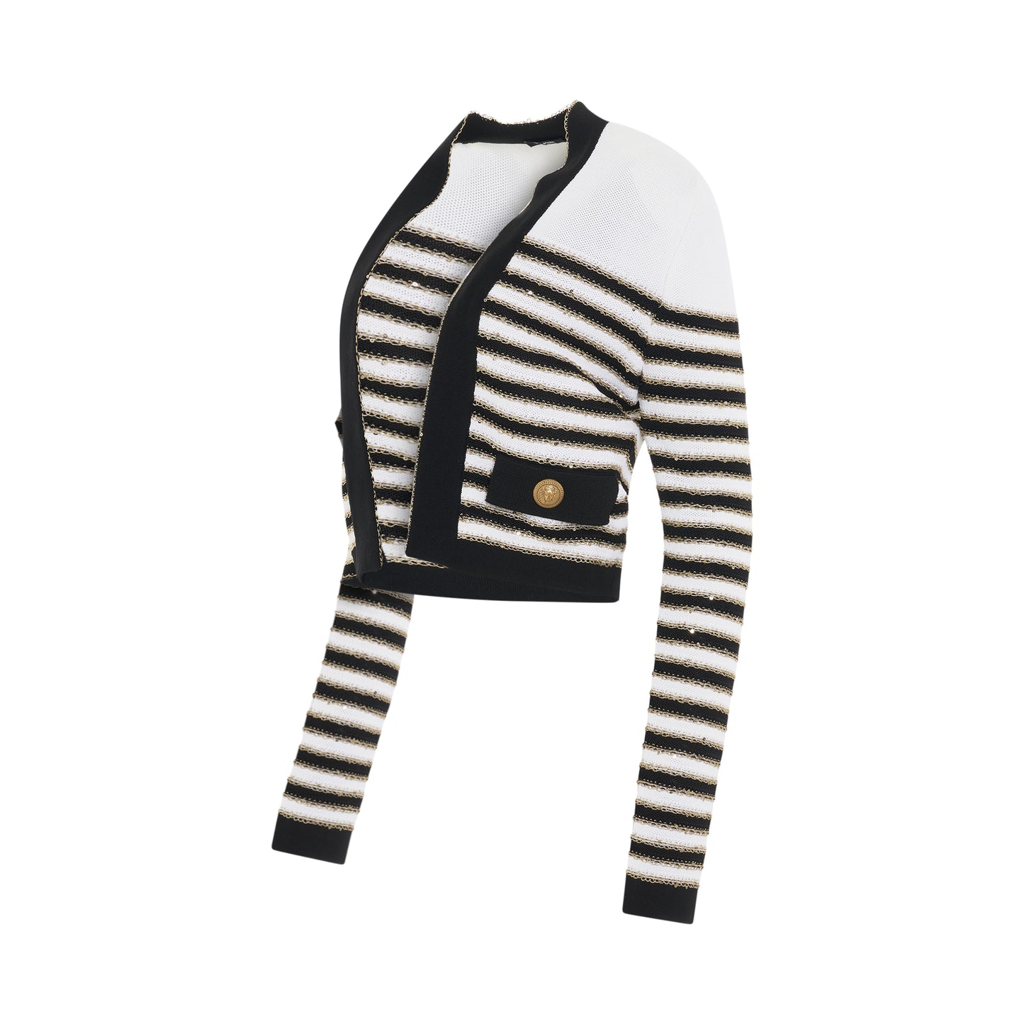 2 Pockets Side to Side Striped Knit Jacket in White/Black/Gold