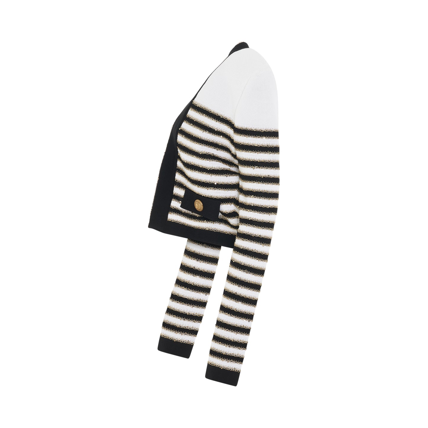 2 Pockets Side to Side Striped Knit Jacket in White/Black/Gold